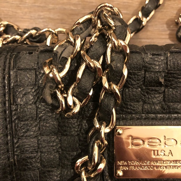Bebe Small Black Leather Purse Gold & Black Chain - Picture 3 of 5